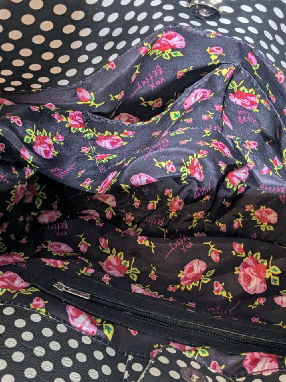 Betsey Johnson Floral Polka Dot Bow Satchel Tote Purse Handbag - Picture 5 of 7